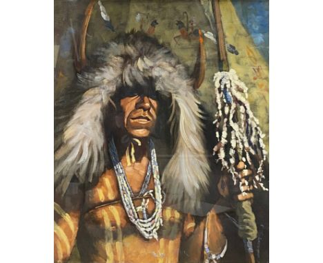 Harley Brown (b.1939), oil on board, Native American Chief portrait: Tenderness I. Framed and glazed. H.76 W.65cm.
