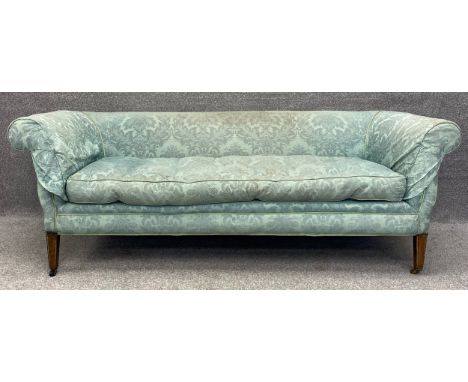 A late 19th century Chesterfield sofa in powder blue damask on rosewood tapering supports. H.70 W.193 D.93cm