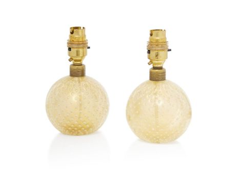 Italian, a pair of Murano glass gold 'Bullicante' table lamps   c.1960, one with applied label to underside - 'Made in Murano