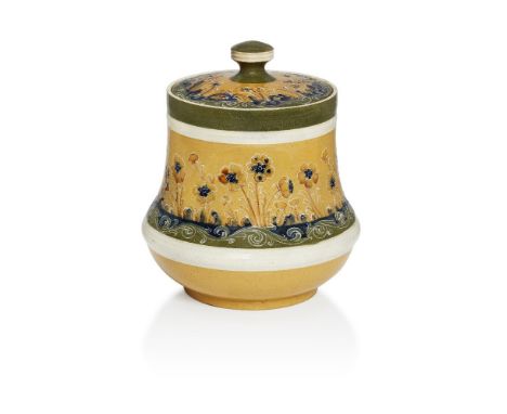 William Moorcroft (1872-1945), a Poppy pattern Dura Ware ceramic biscuit barrel with cover c.1902, printed Macintyre roundel 