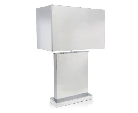 Curtis Jeré, a polished steel table lamp  Signed and dated 1976  with rectangular shade and plinth, on stepped base  86cm hig