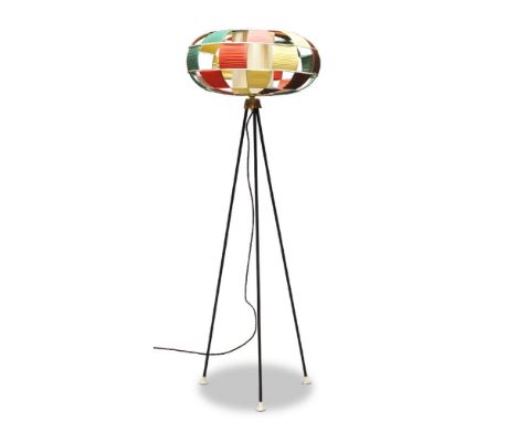 Helsingin Kaasuvalo, a standard lamp manufactured by HKA    1960s    The pierced shade with coloured panels, on black enamele