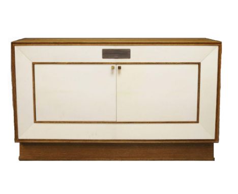 Archer &amp; Smith Ltd, a pair of bespoke made vellum and laminated wood side cabinets Recent manufacture One with storage sp