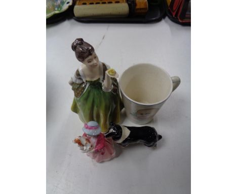 A Royal Doulton figure -Fleur HN 2368 together with My First Figurine, Beswick collie dog and Humpty Dumpty beaker (4)