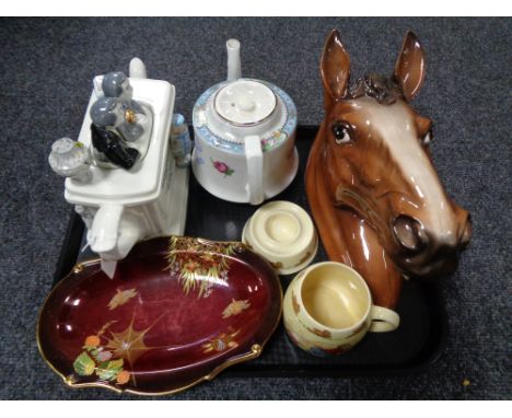 A tray of Carlton ware Rouge Royale dish, large ceramic horse head ornament, Bunnykins china etc