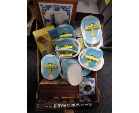 A box of Utterly Butterly dishes, blue and white caddy, books etc 
