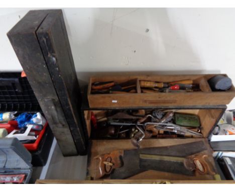 An antique tool box containing tools, woodworking planes including Stanley No. 6 etc, together with another empty joiner's to