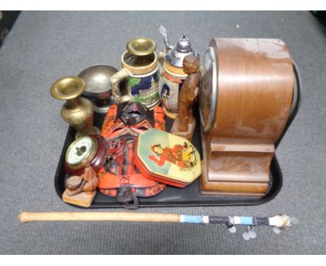 A tray of mantle clock, stein, wall plaques etc 