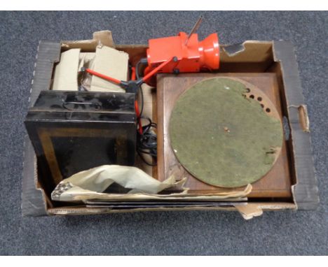 A crate of metal deed box, light, antique oak gramophone (Af) etc 