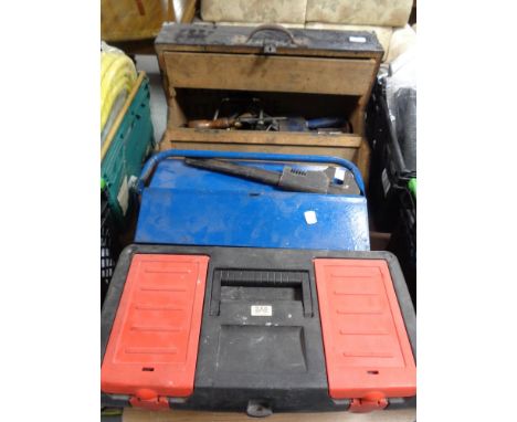 A vintage wooden tool box, two tool boxes and contents 