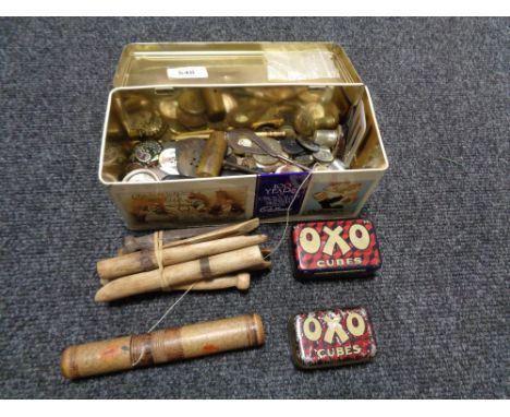 A quantity of vintage wooden pegs, oxo tins, needle case etc 