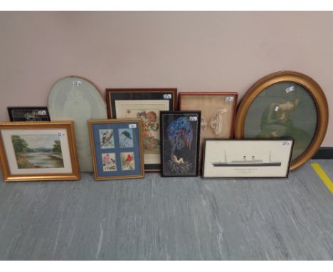 J &amp; J Cash Ltd (Coventry) : A montage of four Jacquard loom-woven pictures all depicting birds, each panel 11 cm x 7 cm, 