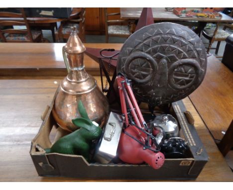 A crate of large copper pot, ornamental figure, angle poise lamp etc 