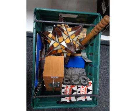 A crate of leaded glass hanging light shade, radio etc 