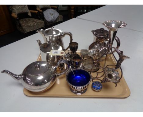 A four piece silver plated tea service together decorative epergne and other silver plated items. (Q)