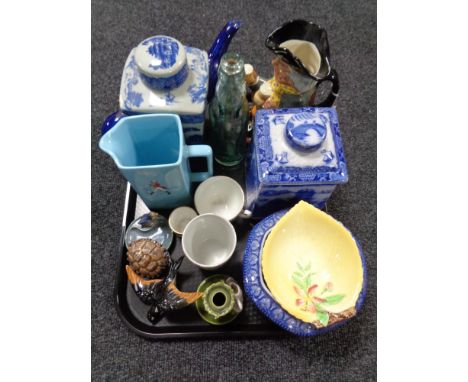 A tray of ceramic ornaments, china, commemorative beaker, Maling caddy etc 