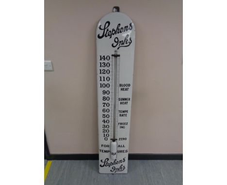 A Ralph Bilston enamelled 'Stephens' Inks' advertising thermometer, numbered 10/15, Trade Mark 134860, emblazoned cursive scr