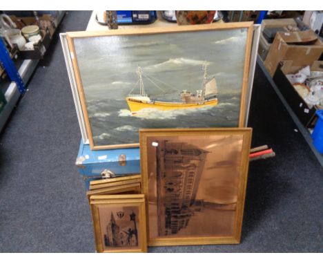 A vintage trunk together with copper finished pictures depicting Glasgow Cathedral etc, oil on board - trawler, vintage golf 