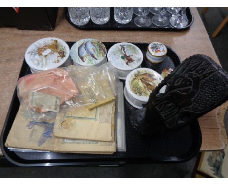 A tray of ceramic lidded pots, carved African miniature seat, cigarette card albums, etc. (Q) 