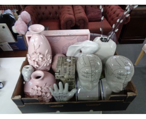 A box of phrenology head, ceramic vases etc 