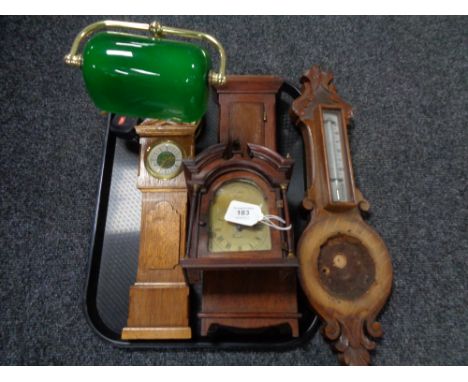 A tray of miniature wooden longcase clock, barometer for restoration, banker's lamp