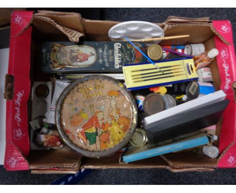 A box of Artist's items, brushes, enamel paint etc 