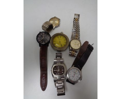 A bag of chrome cased pocket watch by Skrratt of Worcester, five wrist watches,Timex etc 