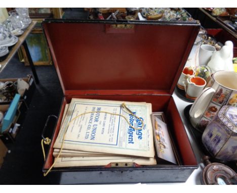 A vintage deed box containing garage and motor agent manuals, die cast vehicle, vintage clippers, I Lindsay Brown Ale picture