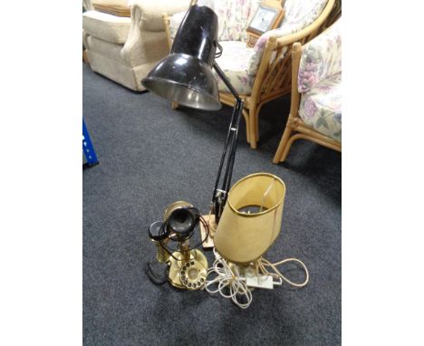 A vintage angle poise lamp, brass lamp on gimbal and a reproduction candlestick telephone 