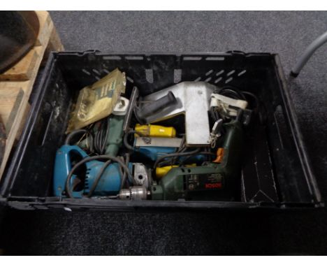 A crate of Bosch drill, electric hand tools etc 