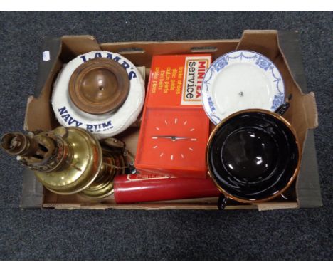 A box of Mintex service clock, brass lamp, Lambs Navy rum ashtray etc 
