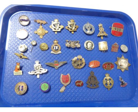 A collection of military cap badges, enamel badges etc
