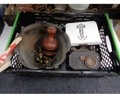 A crate of Victorian scales with ceramic balance, copper planter, flag on stand etc 