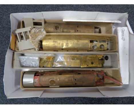 A box containing model railway, metal carriage and engine parts, model kit parts etc 