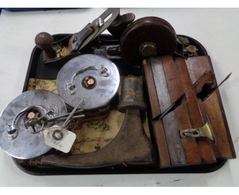 A tray of two floor safe lids with keys, Stanley planes, antique wood working tools 