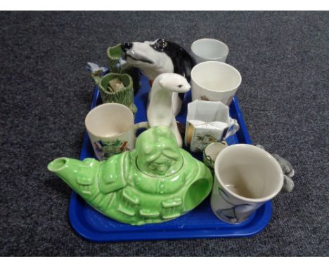 A tray of ceramic ornaments, dog head, teapot etc 