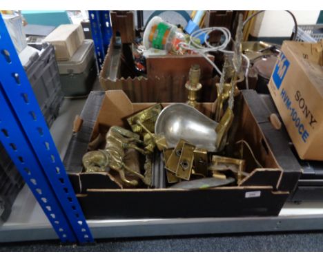A box of brass shire horse figure, brass lamp, companion set etc 