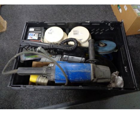 A crate of electric grinder, wander-lamp, air compressor etc 