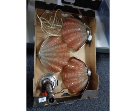 A set of mid century  glass and chrome shell wall lights, chrome table lamp  CONDITION REPORT: These require restoration / re