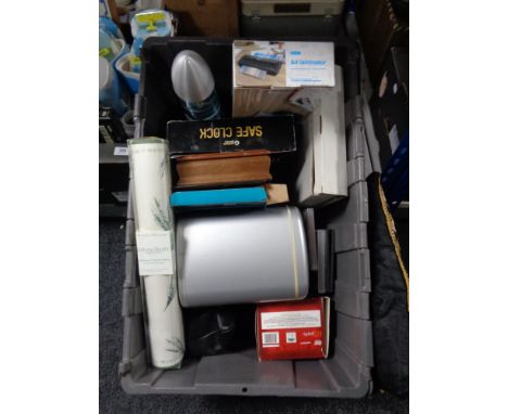 A box of lava lamp, Indian cushion, miniature fridge, safe clock etc 