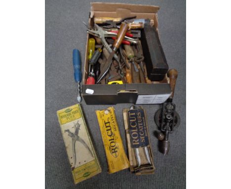 A box of Rolcut seceteurs, hand tools etc 