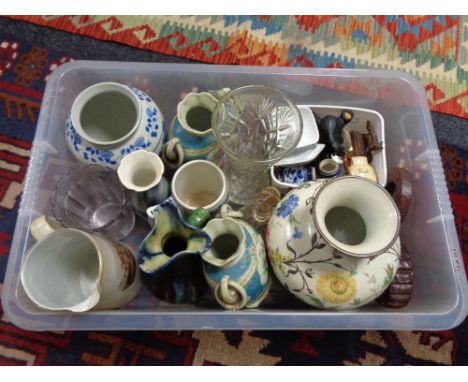 A box of china and glass ceramic vases, crystal vase, decorative continental floral vase etc 