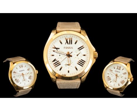 Fossil LDS Attractive Ladies Cecile Rose Gold Plated Chronograph Watch. AM 4532, with Tan Leather Strap, As Brand New Conditi