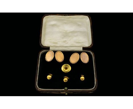 Art Deco Period - Boxed 9ct Gold Pair of Gents Oval Shaped Cufflinks with Matched 9ct Gold Studs ( 4 ) The Pair of Cufflinks 