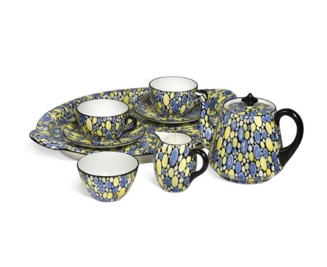 An Art Deco Shelley China bubbles pattern bachelor's tea set, circa 1925, pattern no. 11182, to include two tea cups and sauc