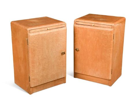 A pair of birds eye maple bedsides, each fitted with a brushing slide over a single cupboard door enclosing a single shelf wi