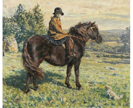 § Murray McNeel Caird Urquhart (1880-1972) Portrait of Juley (Behrend) on Bess with her dog Chippy and Watership Down in the 