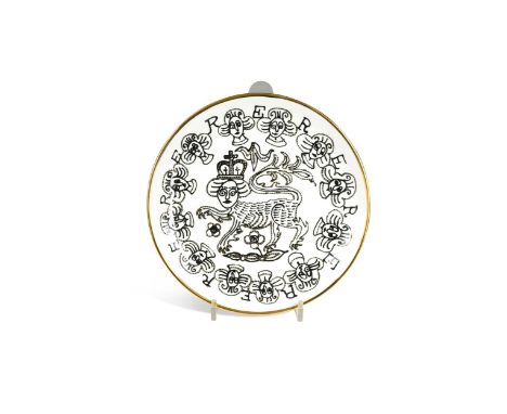 § Sir Grayson Perry CBE, RA (1960-), Lion Queen plate, printed with a design of Queen Elizabeth II as a lion set within a bor