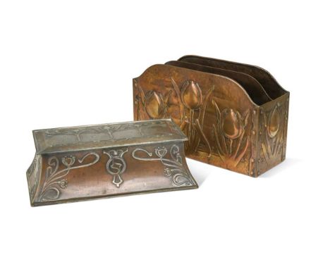 A Newlyn copper letter rack, the planished body embellished with a repoussé tulip motif, stamped Newlyn to the underside15 x 