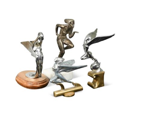 A group of four Art Deco car mascots, to include Frederick Bazin, 'La Triomphe', modelled as a winged figure holding a tyre i